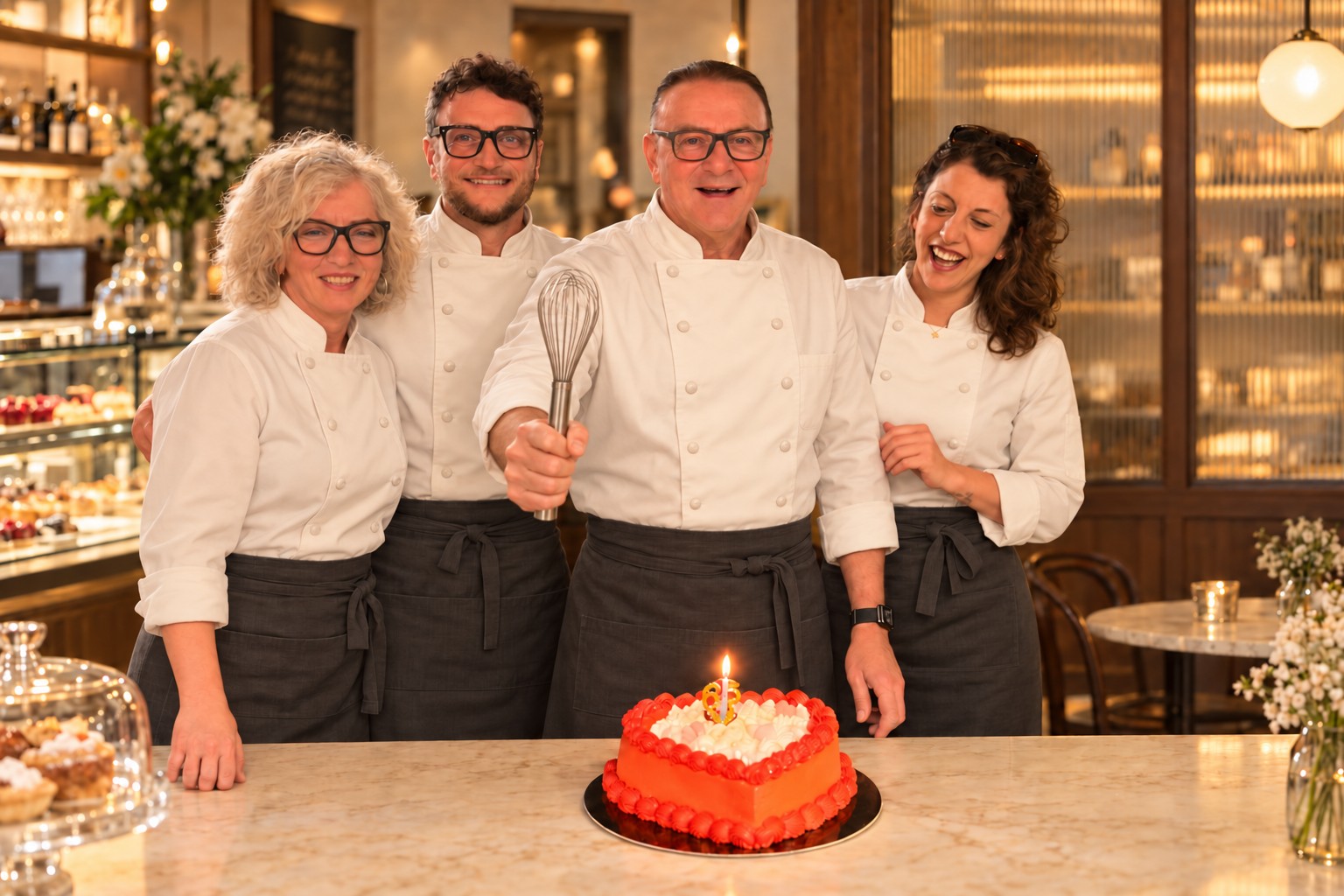 La famiglia Guadagni insieme in divisa da pasticcere